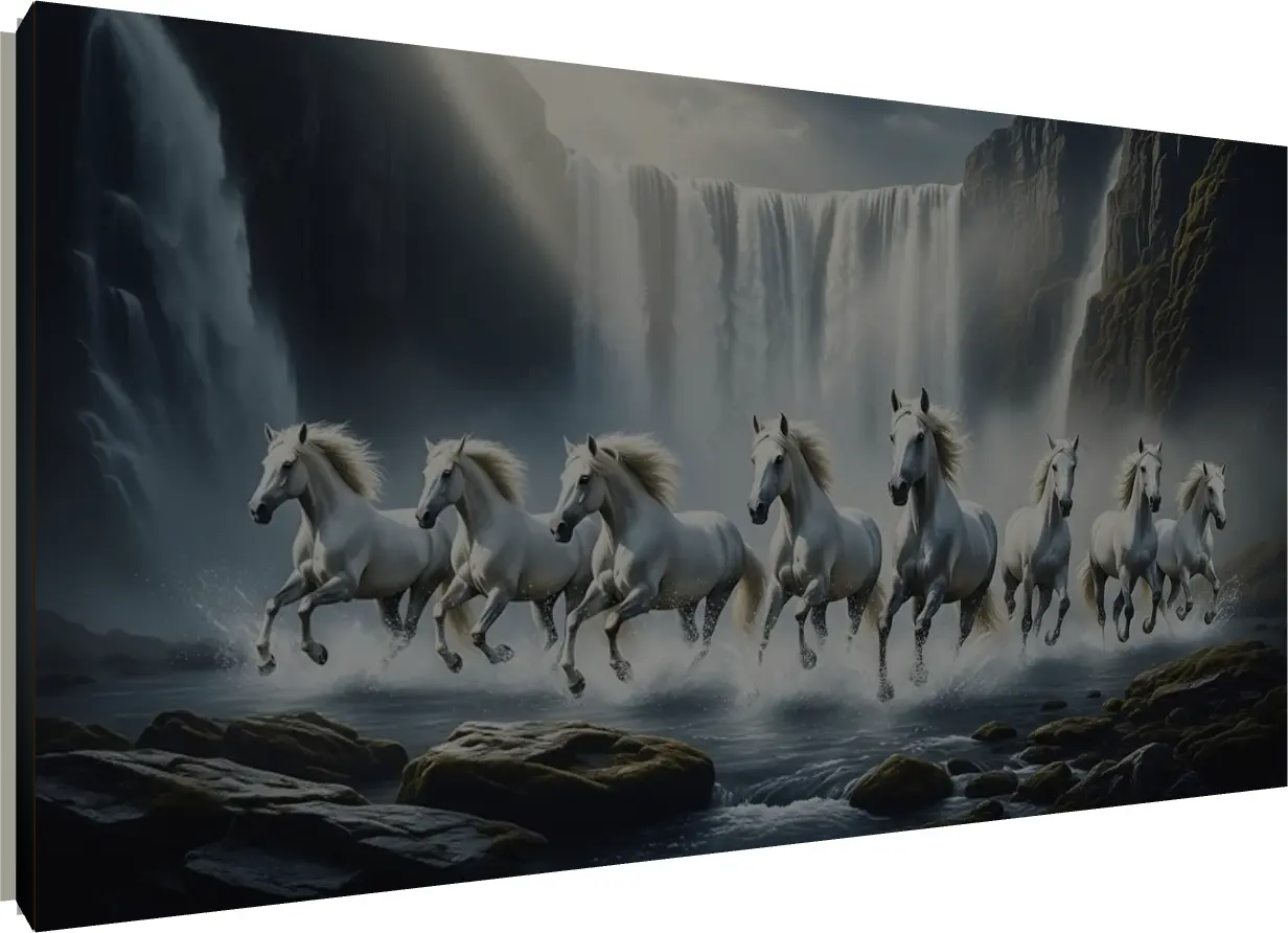 Seven White Horses Galloping Through Waterfall | PrintPosters.in